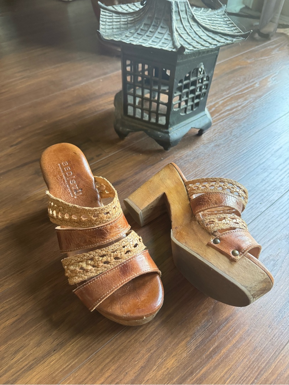 Bed Stu Brown Leather & Natural Woven Platform Sandals